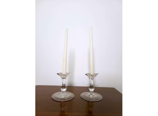 Pair Of Crystal Floral Motif Candle Stick Holders