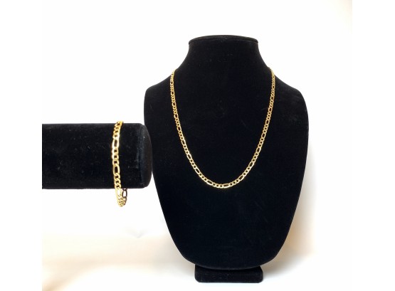 14k Gold Figaro Chain With Extension And Matching Bracelet With Lobster Clasps