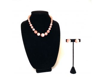 Vintage - Pink Bubble Gum Pearlite Necklace And Earrings Set