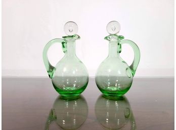 Pair Of Green Glass Oil And Vinegar Decanters