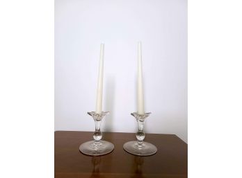 Pair Of Crystal Floral Motif Candle Stick Holders