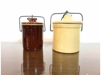 Vintage Pair Of Lidded Crock Stoneware With Locking Lid