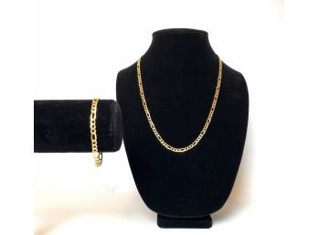 14k Gold Figaro Chain With Extension And Matching Bracelet With Lobster Clasps
