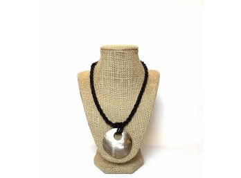 Mother Of Pearl Disc Pendant And Tiny Black Multi Strand Beaded Necklace