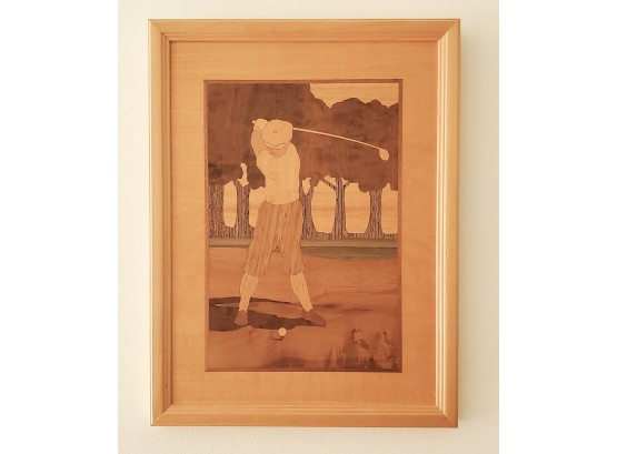 SIGNED Hudson River Inlay 'Golf Duffer' Wood Art By Nelson, 1997