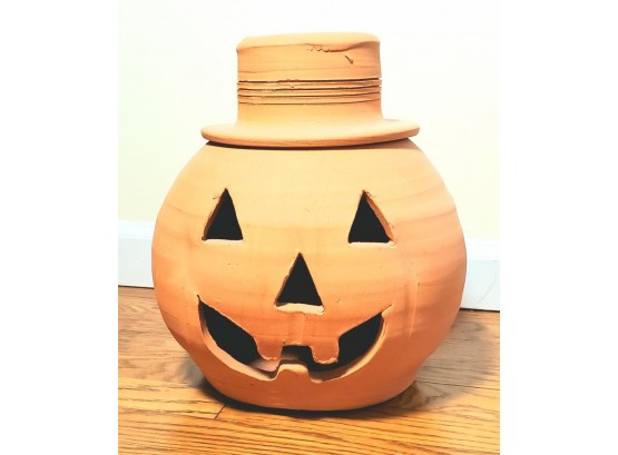Large Hand Thrown Pottery Jack-o-lantern With Removable Top Hat To Insert Candle