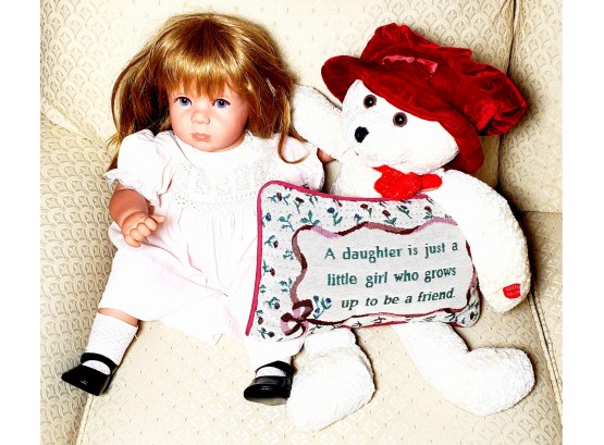 Pouty Doll, Stuffed Bear, And Daughter Sentiment Pillow