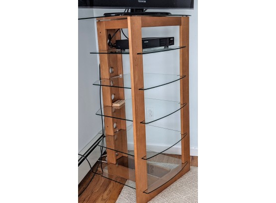 Tall Light Wood Media Stand With 6 Glass Shelves