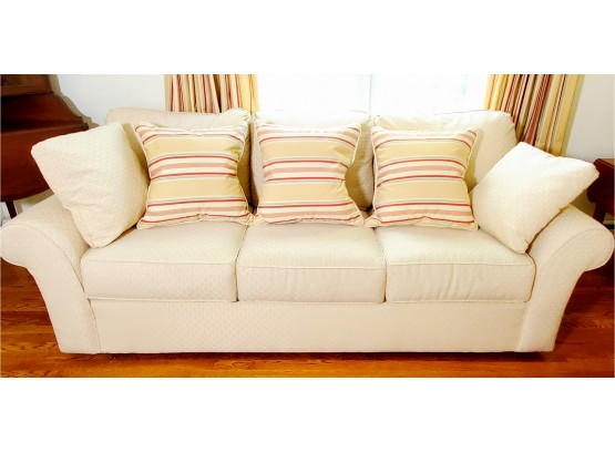 Elegant Ivory Damask Full Sized Couch With 3 Custom Made Throw Pillows - Well Loved But Still Good Looking