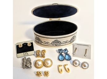 Small Assortment Of Costume Jewelry Earrings In A Cute Rhinestone Jewelry Box ~ 6x3'