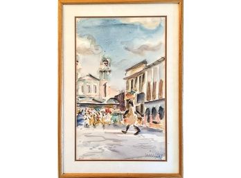 Stunning Town Scene Watercolor Painting, Artists Name Barely Visible From 1968 ~ 23.5'