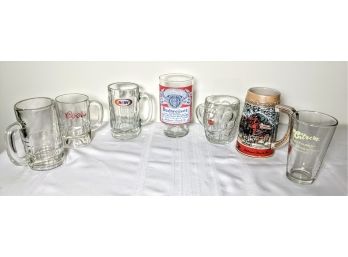 Glazed Porcelain Wintery Scene Beer Stein And Budweiser Coors A&W And Other Beer Glasses As Shown
