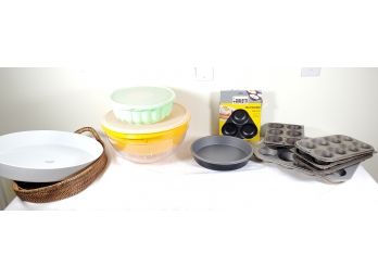 Odd Lot Of Kitchen Supplies Including Cupcakes Tins And Bowls