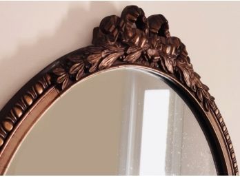 Large Round Vintage John Wanamaker Wall Mirror With Applied Wooden Ribbon And Romantic Details