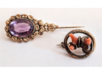 Lovely Victorian Or Edwardian Era Gold Plated Antique Brooches ~ Coral ~ Amethyst