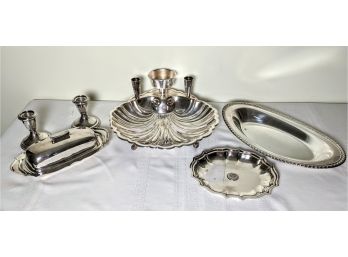 Weighted Sterling Candlesticks With Silver Plate Shrimp Platter And More