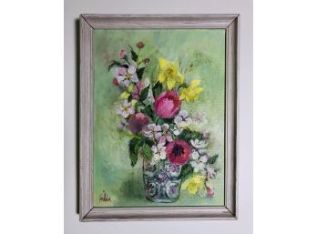 Endearing Seafoam Greens And Pink Tulips Floral Primitive Original Framed Vintage Oil Painting Signed Hilda