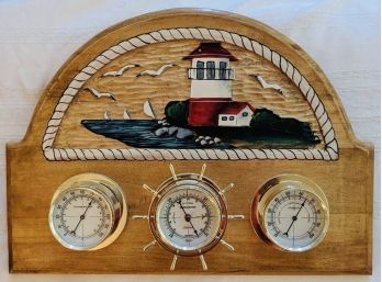 Nautical Themed Painted Carved Wood Wall Decor With Brass Gauges