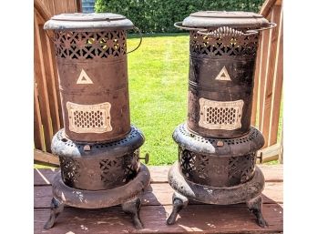 Pair Of Footed Antique Perfection Smokeless Oil Heaters Excellent Rustic Decor ~ Untested