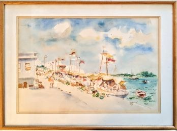 Vibrant Watercolor Of A Hatian Bay In A Simple Wooden Frame 26'