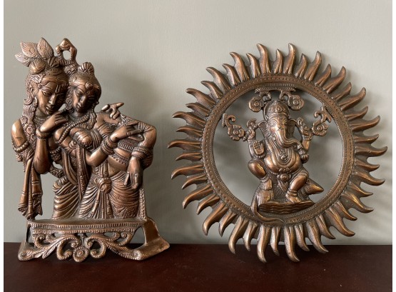 Pair Of Hanging Indian Ganesh Metal Wall Figurines