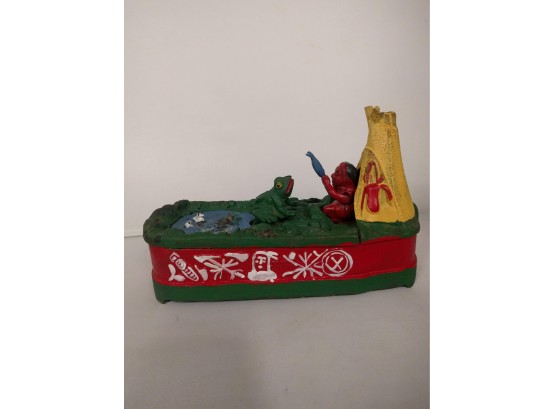 Cast Iron Mechanical Coin Bank With Teepee & Frog Pond Reproduction.