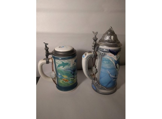 Pair Of Seaworld Drinking Steins -Limited Edition 1991 By Budweiser