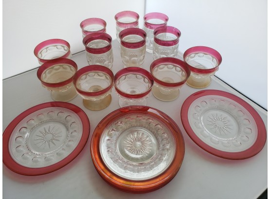 Antique Ruby Red Flash Glass Luncheon / Dessert Set With Service For Six! Goblets, Custards/ Fruit  & Plates