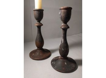 Vintage Wooden Candlestick Holder Pair