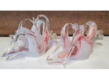 Vetro Stile Murano, Italy Art Glass - Swirling Pastel Pink, White & Clear Glass Candleholders. Lavorato A Mano