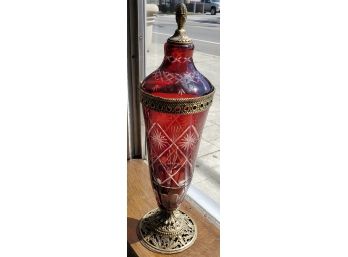 Vintage Bohemian Ruby Red Cut To Clear Glass Vase With Brass Ormolu Decorative Base & Top Lid Accents