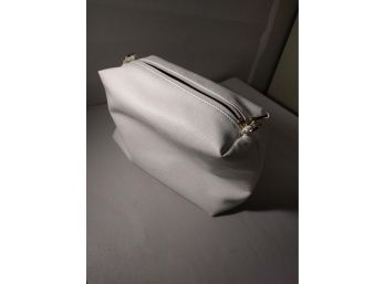 NEW -White Leather Patterned Zippered Clutch / Handbag, With Brown Interior & Brass Colored Fittings