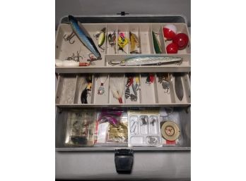 Vintage JC Higgins Grey Plastic Fishing Tackle Box With 3 Trays Of Fishing Lures, Hooks And Bobbers