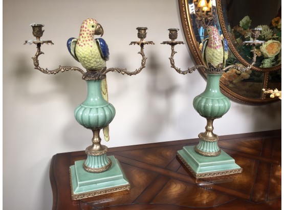 Amazing Pair Of Large Bronze & Porcelain Parrot Candelabras By Mark Roberts - Paid $1,400 For The Pair