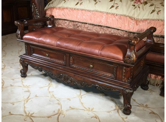 Stunning All Carved Mahogany With Leather Top Bench / Window Seat With Two Drawers - Outstanding Piece !