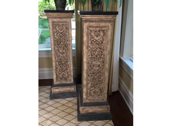 Fantastic Large / Tall Pedestal / Column  Plant Stand - Great Paint - Beautiful Carved Look - (1 Of 2)