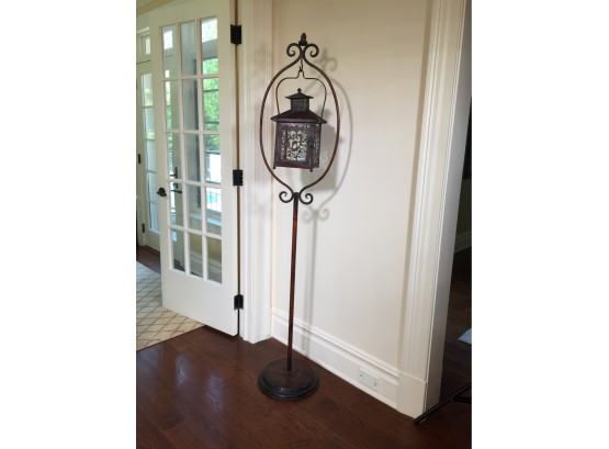 Beautiful Wrought Iron Candle Lantern With Panels On Stand - Vintage Style Patina - GREAT LOOK !