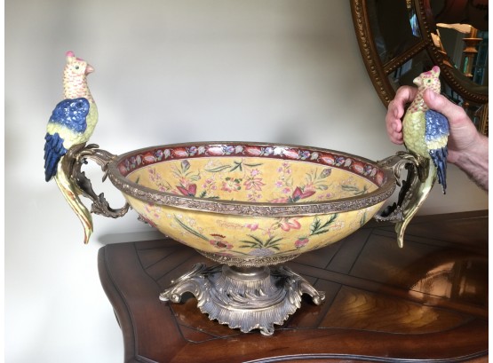 Phenomenal VERY LARGE Bronze & Porcelain Centerpiece / Bowl With Parrots By Mark Roberts - Paid $1,600