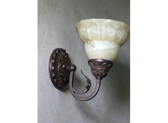 Lovely Pair Of Patinated Metal Wall Sconces With Alabaster Shades - Can Be Used Up Or Down