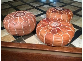 Beautiful Lot / Stack Of Three Leather Ottomans From Morocco - Handmade Pieces - Three Sizes - VERY NICE !