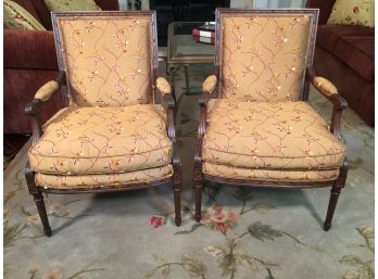 Fantastic Pair Of French Style Armchairs With Carved Fluted Legs By SHERRILL With Custom Upholstery