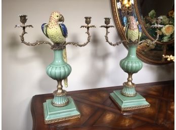 Amazing Pair Of Large Bronze & Porcelain Parrot Candelabras By Mark Roberts - Paid $1,400 For The Pair