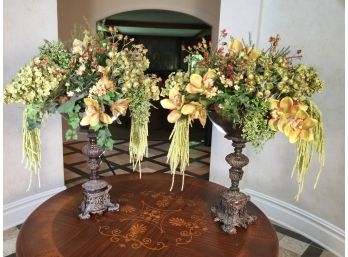 Pair Of Fantastic Tall Ornate Metal Plant Stands  / Urns With Custom Floral Arrangements - HIGH QUALITY !