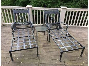 Paid $495 EACH - Two Fabulous FRONTGATE Aluminum Chaise Lounges With Cushions & Table - FANTASTIC !