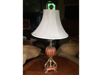 Beautiful Decorator Table Lamp With Carved Wood Base - Comes With Beautiful Off White Panel Shade
