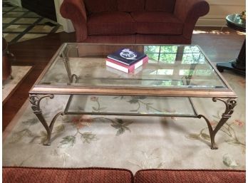 Fabulous Cocktail / Coffee Table - Soft Gold Finish - High Quality With Lower Shelf & Beveled Glass WOW !
