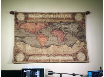 Very Large MAPESTRY / Map Tapestry - On Very Nice Carved Pole - 6' Feet By 4' Feet - EXCELLENT CONDITION