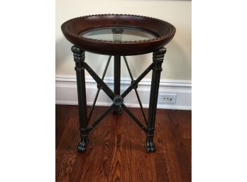 Beautiful Round Decorator Table With Faux Leather & Glass Top With Brass Studs & Paw Feet GREAT LOOK !