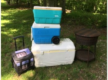 Fantastic Four Piece Cooler Lot PLUS Cooler Table - Coleman & Igloo - ALL FOR ONE BID - Must See GREAT LOT !