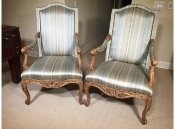 Fabulous Pair Of Carved Italian Armchairs - Graceful Lines - Beautiful Striped Silk Upholstery Paid $3,500